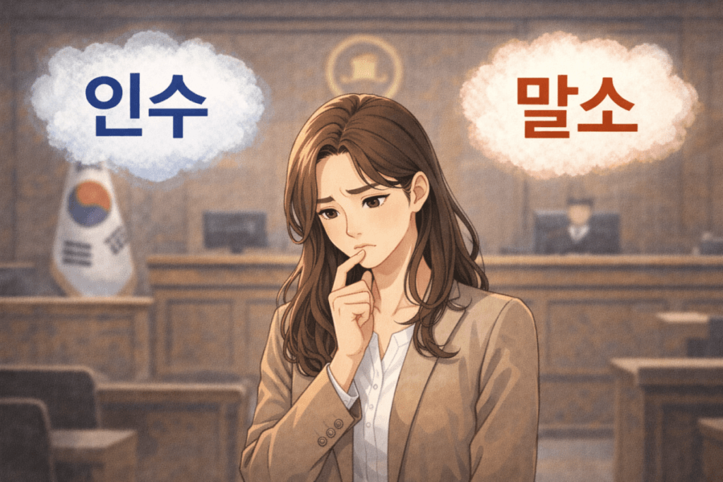 인수주의, 말소주의, 말소기준등기가 헷갈리는 여성이 경매법정 안에서 고민하고 있는 일러스트