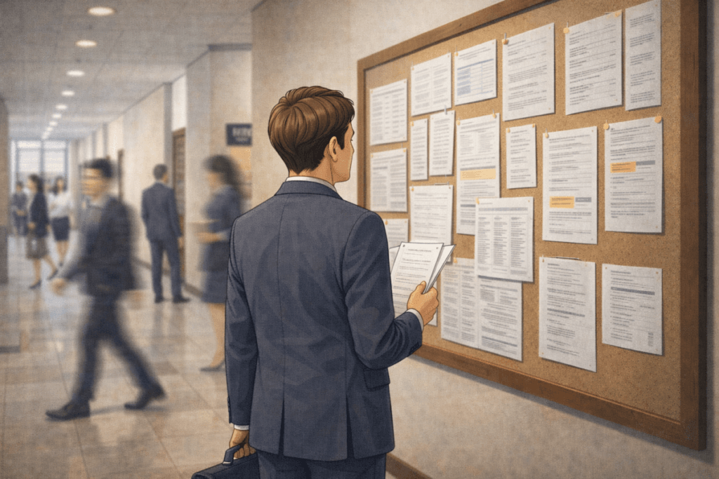 한 남성이 경매법원 게시판을 보면서 법원 동선을 확인하고 있는 일러스트