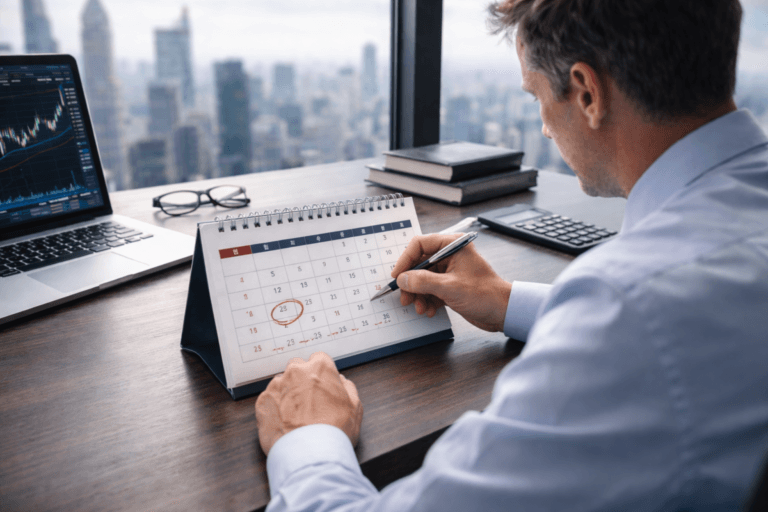 한 남성이 책상에 앉아 탁상용 달력에 배당종기일을 체크하고 있다
