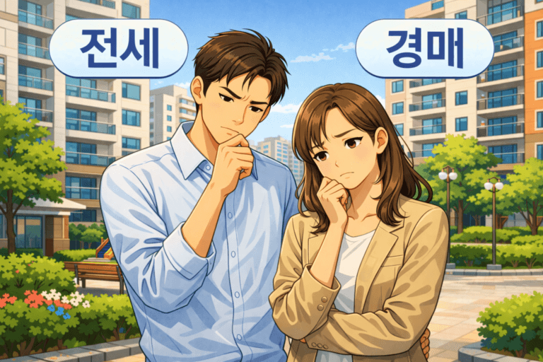 실거주 경매와 전세를 고민하는 부부의 모습 일러스트