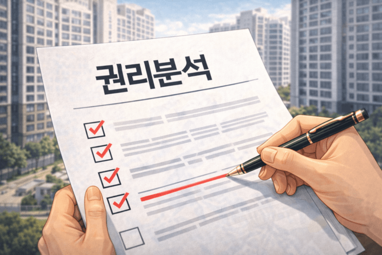 아파트 앞에서 권리분석 핵심 체크를 하고 있는 사람의 손이 보인다.