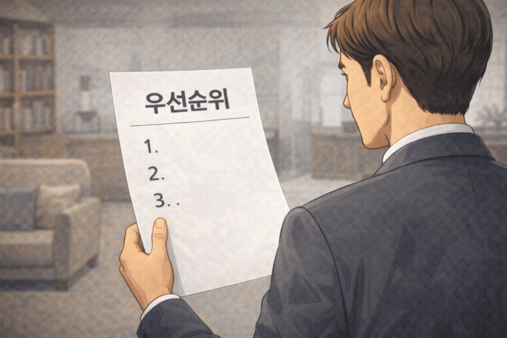 한 남성이 등기부등본 서류의 우선순위를 파악하고 있는 일러스