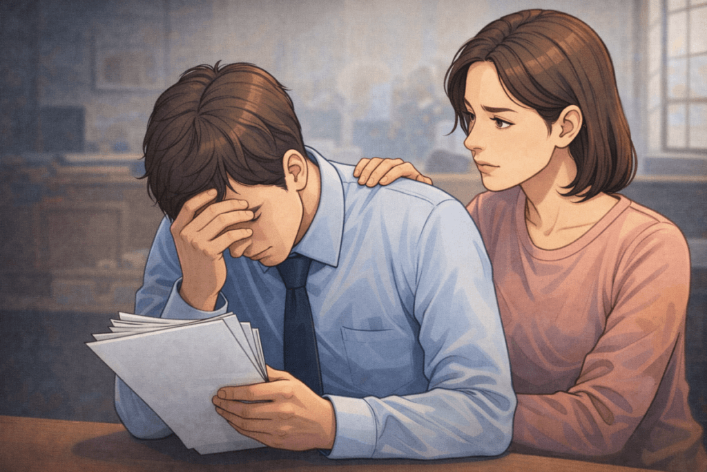 경매 서류 3종 확인을 잘못해 괴로워하는 남성과 그 옆에 여성이 위로를 하고 있는 일러스트