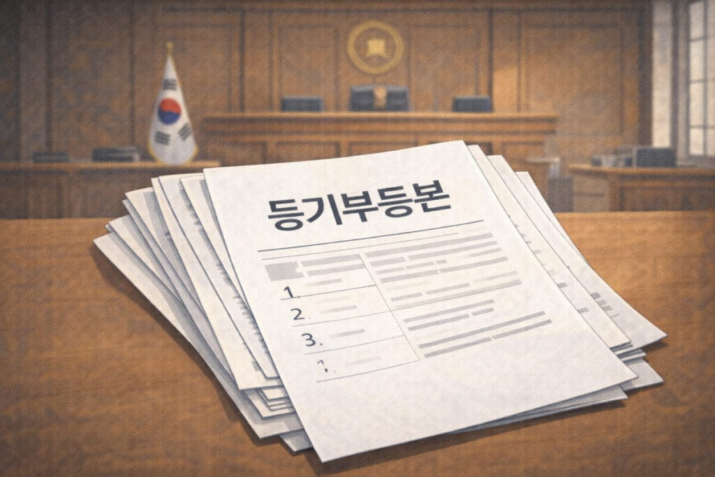 등기부등본 보는법을 알기위해 법원 배경으로 한 책상위에 있는 등기부등본 일러스트