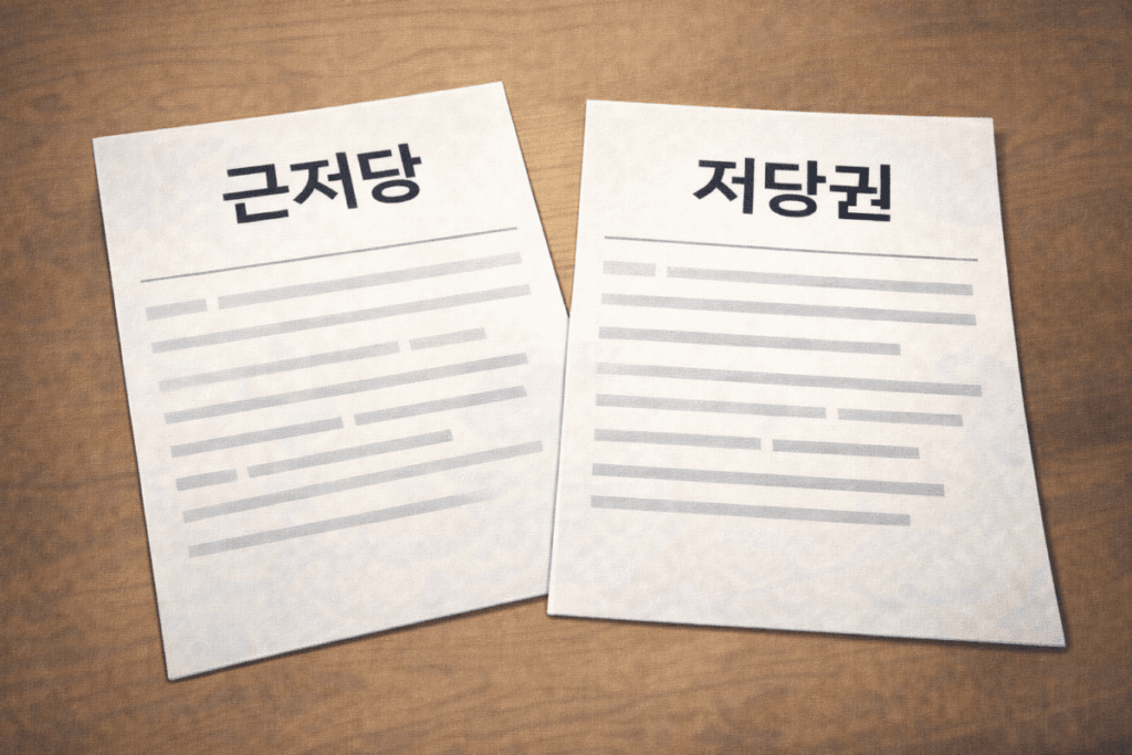 책상위에 근저당과 저당권 서류 2장이 놓여 있는 일러스트