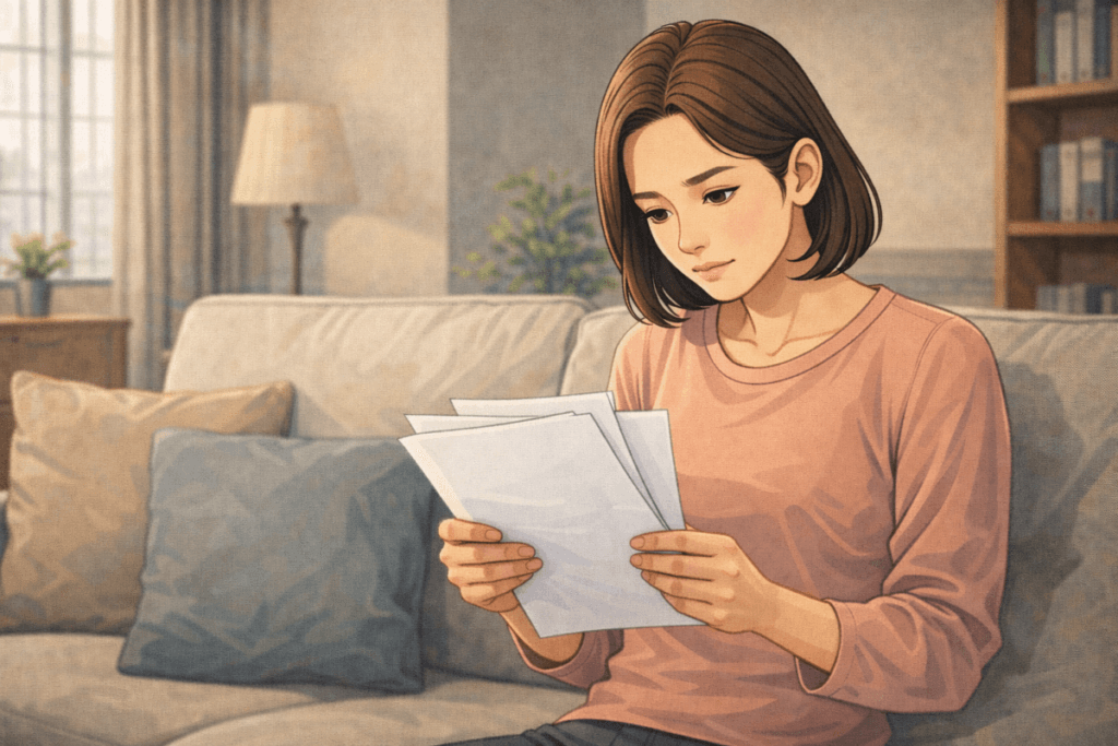 쇼파에 앉아서 법원 경매 입찰 준비물을 확인하고 있는 여성 일러스트