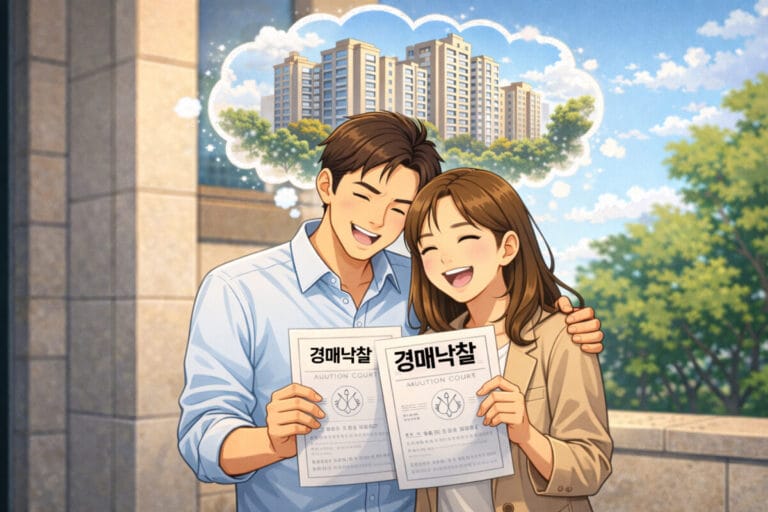 부부가 경매 낙찰 후 아파트 입주를 꿈꾸며 좋아하는 모습의 일러스트