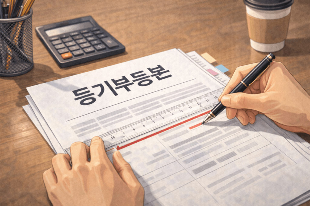 등기부등본에서 말소기준등기에 밑줄을 긋고 있는 사람의 손이 보인다. 