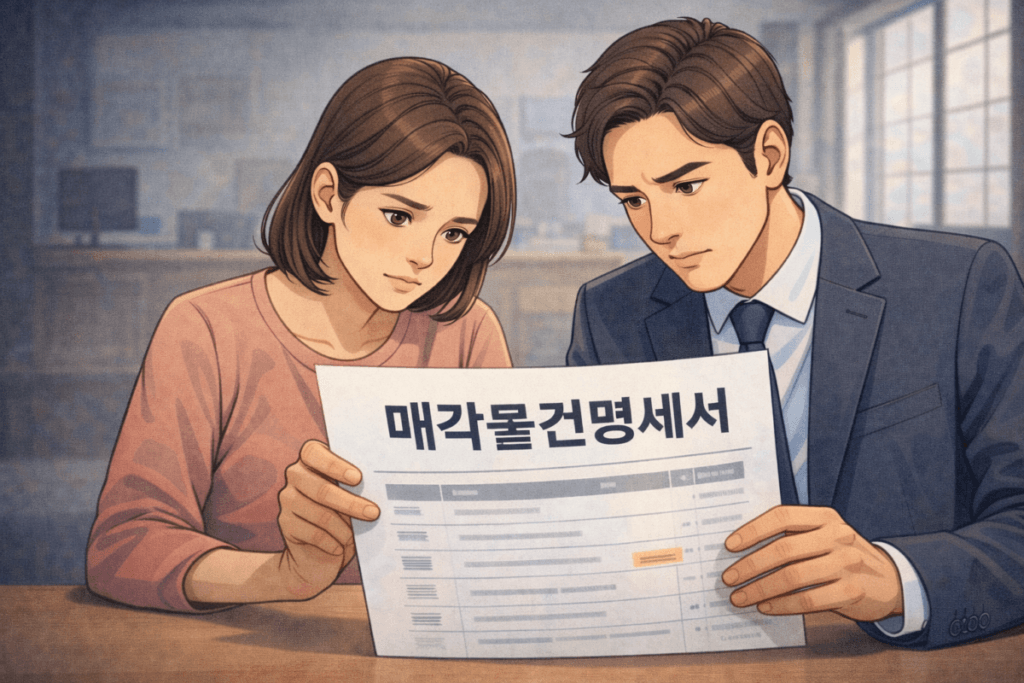 경매 서류 3종 중 매각물건명세서를 보고있는 부부 일러스트