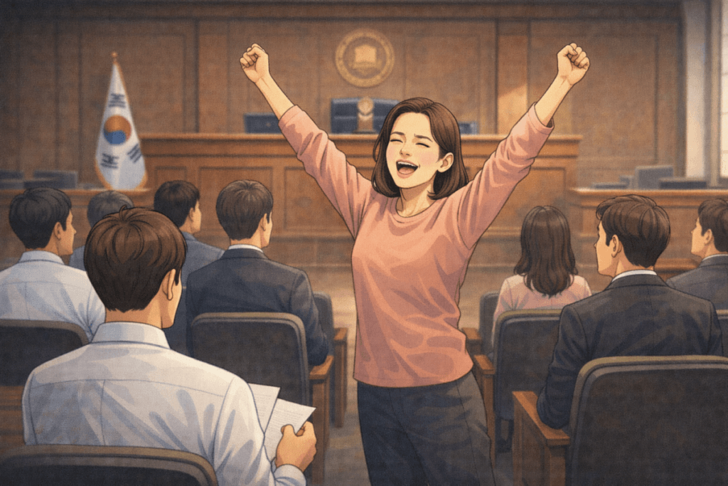 법원 경매 입찰 준비물을 잘 챙겨서 낙찰 후 즐거워하는 여성이 두팔을 벌려 환호하고 있고, 주변 사람들이 의자에 앉아서 바라보고 있는 일러스트