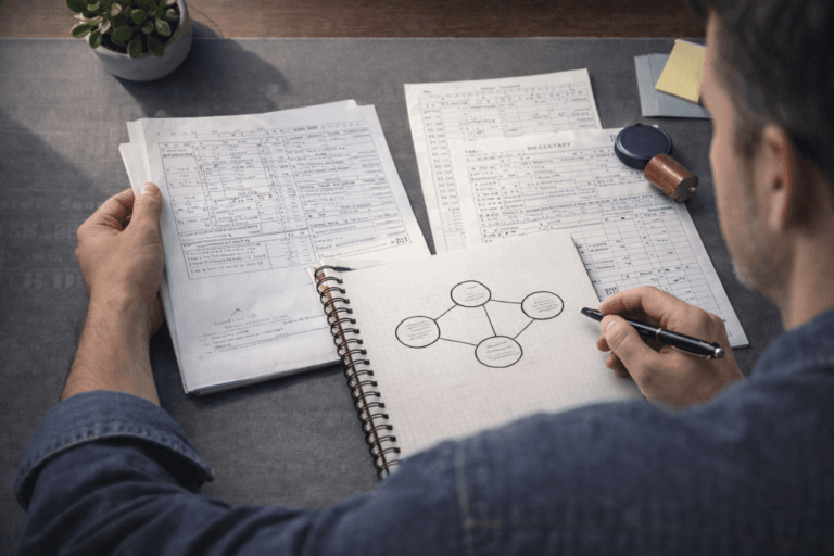 경매 용어를 지도처럼 정리하며 분석하는 투자자 장면