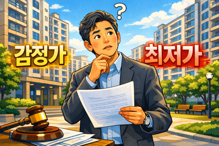 아파트 단지 앞에서 한 남성이 서류를 들고 고민하는 모습 일러스트. 양옆으로 감정가 VS 최저가 텍스트가 있다