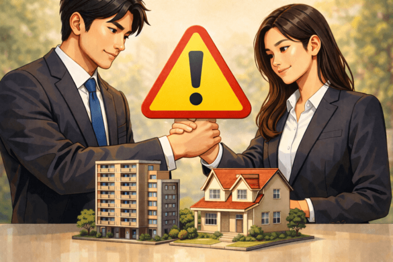 남녀가 함께 공유지분 경매를 하기 위해 손을 잡고 화이팅하고 있고 위험 경고 표시가 가운데 있는 일러스트