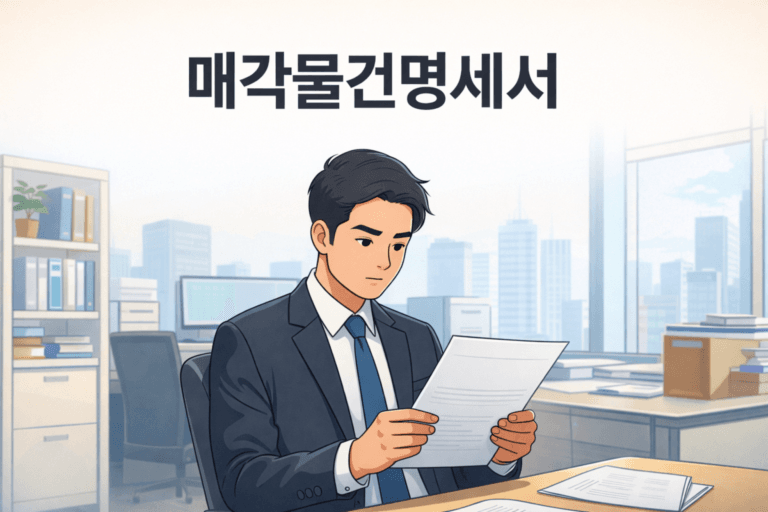 사무실에서 한 남성이 매각물건명세서를 앉아서 읽고 있는 일러스트