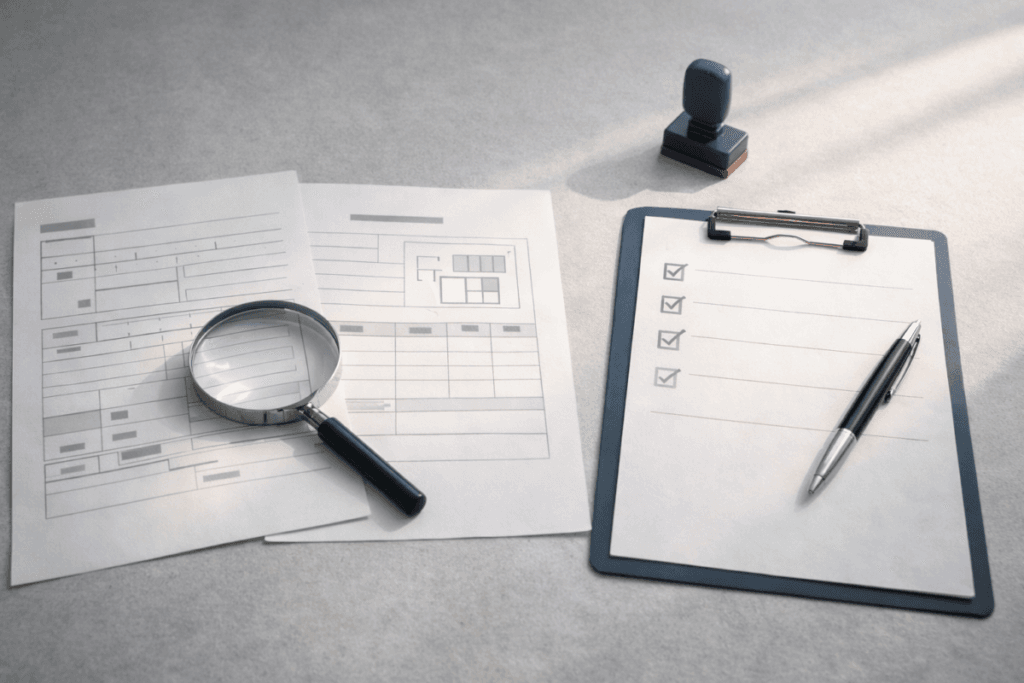 선순위 임차인 체크리스트가 볼펜과 함께 놓여있고 그 옆에 서류와 돋보기, 도장이 있다