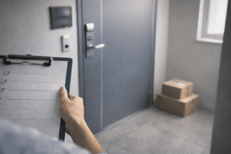 체크리스트를 들고 경매물건 집앞에서 선순위 임차인 체크하는 모습