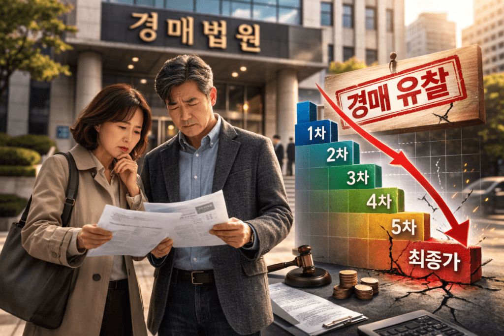 경매 유찰이란 무엇인가 상단 이미지-중년 부부가 경매법원 앞에서 서류를 보고 있고 옆으로 경매 유찰 텍스트와 가격이 계단식으로 하락하는 그래프가 보인다