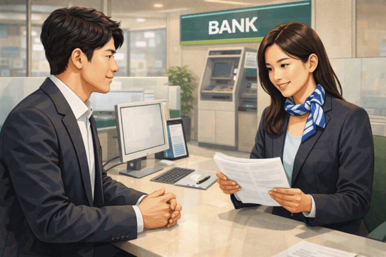 은행에서 한 남성이 여성 은행원과 경락잔금대출 상담을 하고 있는 일러스트
