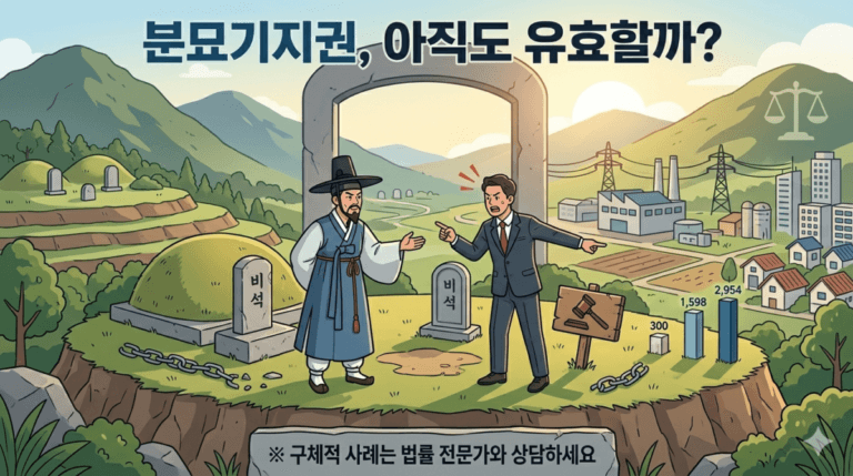 분묘기지권 성립 여부를 두고 비석이 있는 산소 앞에서 말다툼을 하고 있는 두 사람 일러스트