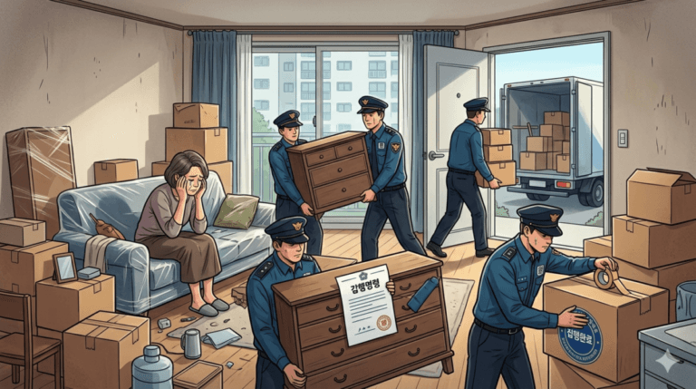 법원의 집행관들이 강제집행을 진행하고 있는 모습 일러스트