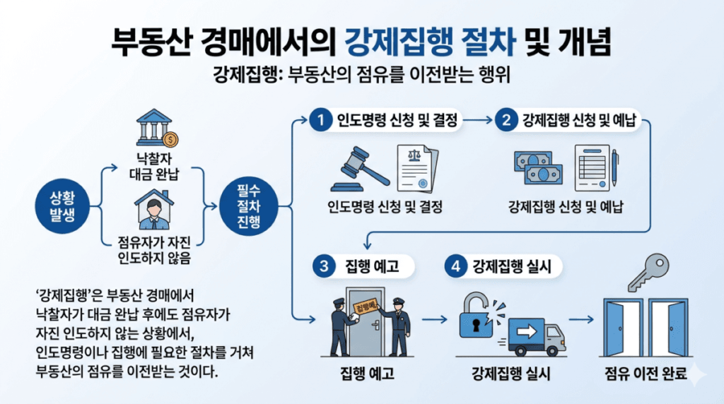 부동산 경매에서의 강제집행 절차를 설명하는 다이어그램