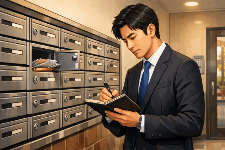 아파트 우편함에서 현황조사서를 작성하고 있는 담당 남자직원 일러스트