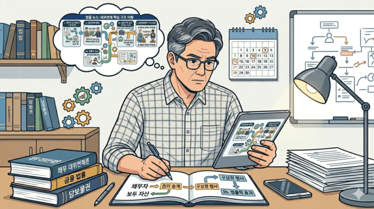 책상에 앉아서 대위변제 공부하고 있는 남성 일러스트