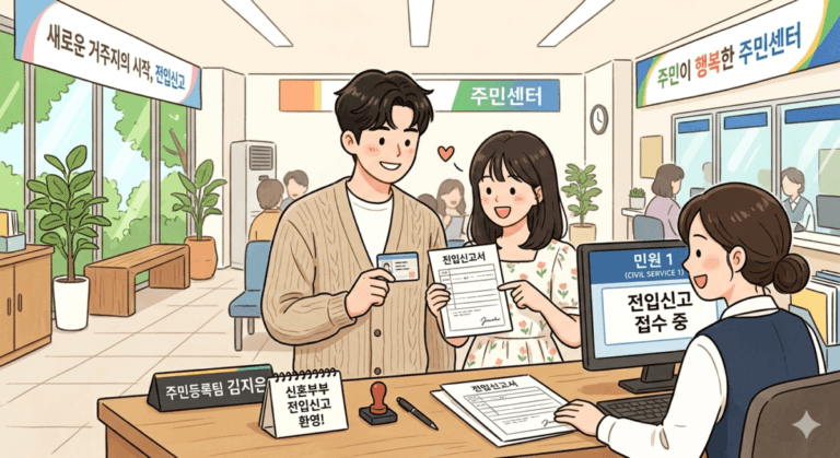 주민센터에서 전입신고 확정일자 차이 확인하는 신혼부부 일러스트