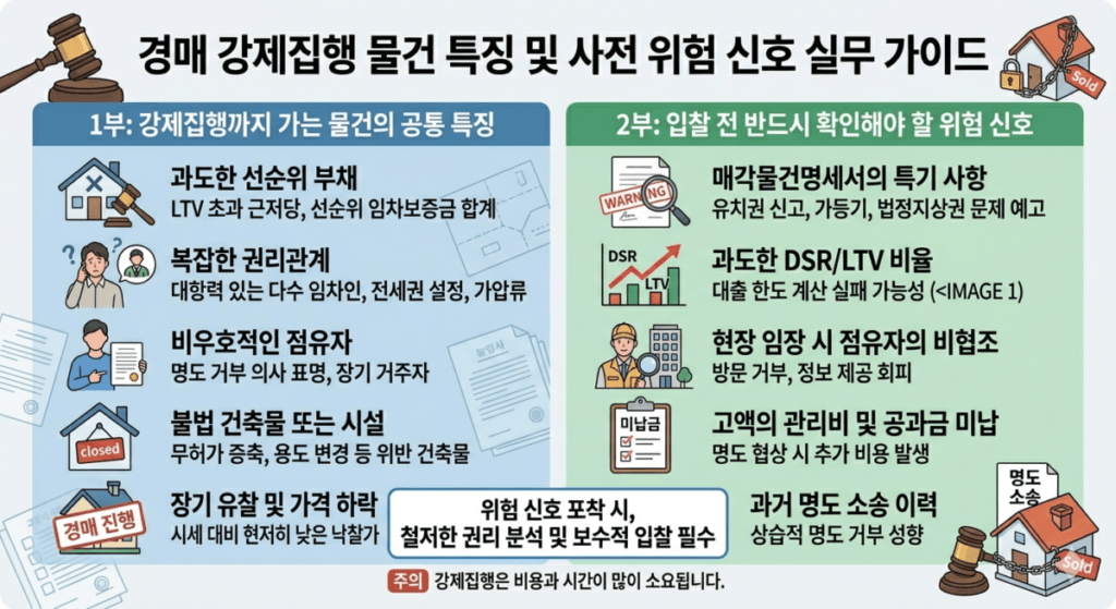 경매 강제집행 물건 특징과 사전 위험신호 다이어그램
