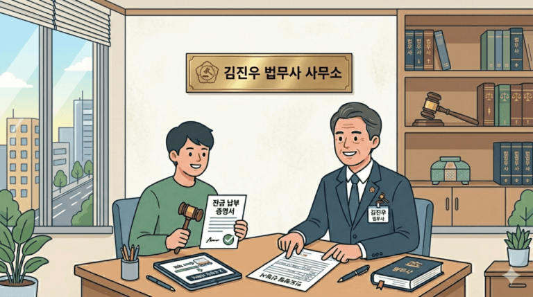 법무사와 인도명령 신청 상담하는 낙찰자의 모습 일러스트