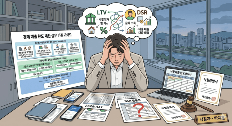 경매 대출 한도 계산으로 괴로워하는 투자자의 모습 일러스트