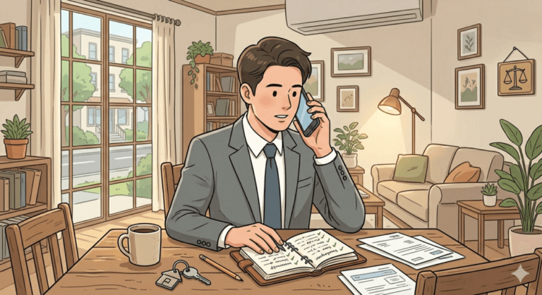 낙찰 후 명도 절차를 전화로 하고 있는 모습. 책상에 앉아 수첩을 보면서 통화하고 있는 일러스트