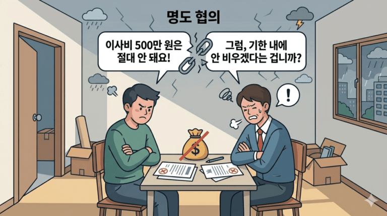 경매 점유자 명도 협의가 잘 안되서 서로 힘들어 하는 모습 일러스트