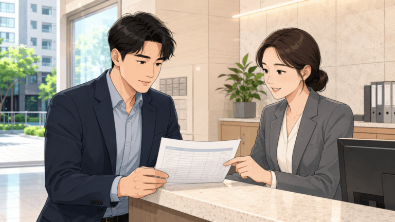 경매 체납관리비를 관리실 직원과 확인하고 있는 낙찰자의 모습