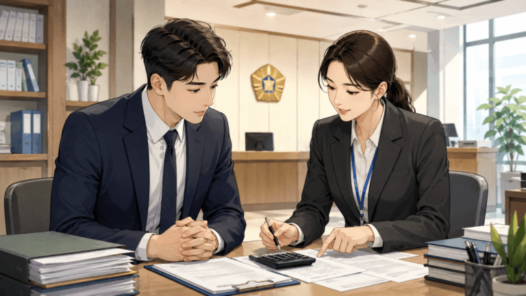 강제집행 비용을 경매법원 담당자와 계산하고 있는 낙찰자의 모습