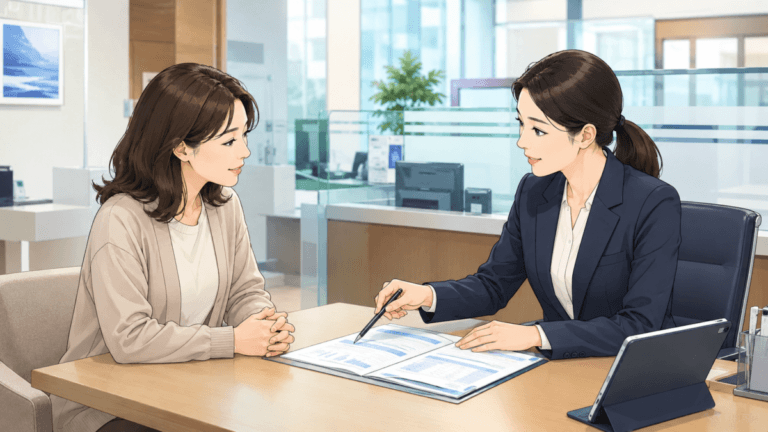 한 여성의 가정주부가 무직자 경매 대출 상담을 대출전문가와 상담하고 있다